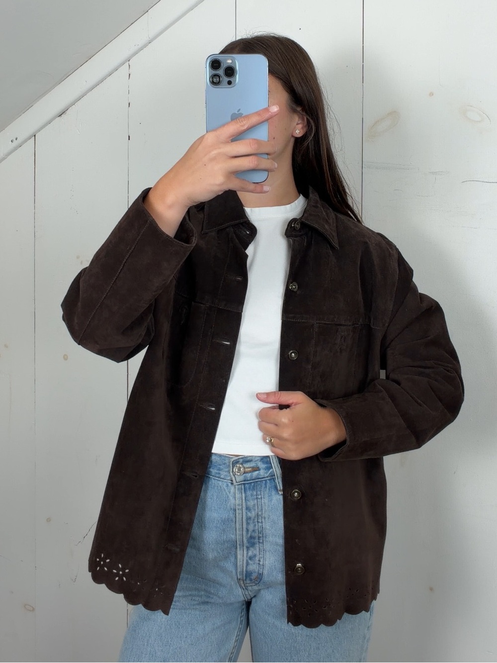 Vintage Brown Suede Leather Shirt Jacket Womens Medium Floral Laser Cut Trim Y2K